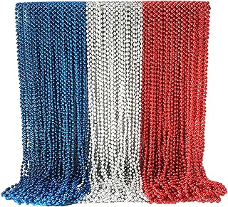 Becfupo 72 Or 144 Pcs Patriotic Beaded Necklaces, 31.5 Inch Red Blue Silver Beads Necklaces Bulk For Independence Day, 4th of July Decoration