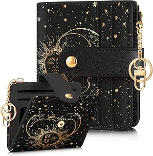 Pegmode Wallet Women Slim Cute Leather Thin Bifold Small Card Wallet Purse Lady Teen Girls Female Medium Aesthetic Cool Tiny Sun Moon Girly Simple Unique Pretty Modern Credit Card Holder Keychain Rfid