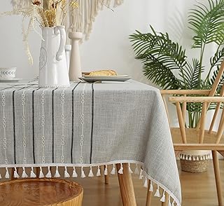 Xiao Hua Rustic Lattice Tablecloth Cotton Linen Wrinkle Proof Tablecloths for Rectangle Tables Farmhouse Tablecloth for Dining Holiday Party (Grey,Black Line, 55''x102'', 8-10 Seats)