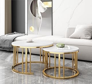 QLJJSD Round Nesting Coffee Table Set of 2 Modern Cocktail Table with Marble Look Top&Metal Frame for Living Room Small Spaces White and Gold(Desktop Size 32"+19.6")