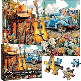 PICKFORU Cactus Plant Puzzles for Adults 1000 Pieces, Cowboy Deserts Jigsaw Puzzles 1000 Pieces Western Art, Vintage Guitar Truck Puzzles as Cactus Wall Decor