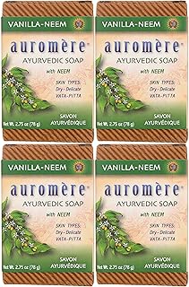 صابون ايورفيدا من Auromere، فانيلا نيم - صديق للبيئة، مصنوع يدويًا، نباتي، خالٍ من القسوة على الحيوانات، طبيعي، غير معدل وراثيًا (2.75 أونصة)، 4 عبوات