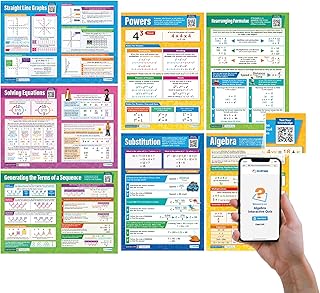 داي دريم اديوكيشن ملصقات الرياضيات للمدرسة الثانوية - ملصقات الجبر - مجموعة من 7 قطع - مقاس L 24 انش × 16.5 انش - مغلفة - ديكور الفصل الدراسي للرياضيات - تتضمن اختبارات تفاعلية - مخططات جدارية، متعدد
