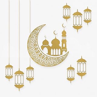 ديكورات رمضان للمنزل - ملصقات نافذة بتصميم قمر وفانوس رمضان وديكورات العيد - ديكورات عيد مبارك قابلة لاعادة الاستخدام للنوافذ والأبواب الزجاجية