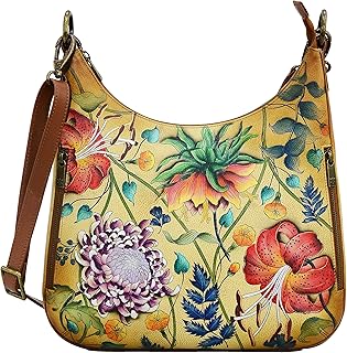 Hand Painted Women’s Genuine Leather Convertible Slim Hobo with Crossbody Strap - Top Zip Entry, Multiple Pockets