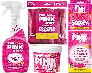 The Pink Stuff Bathroom Cleaning Kit – Cleaning Paste, Bathroom Foam Spray, Toilet Foaming Powder, SQeeZY Sponge & 3 Microfiber Cloths – Tough on Stains, Grease & Soap Scum – Deep Clean Essentials