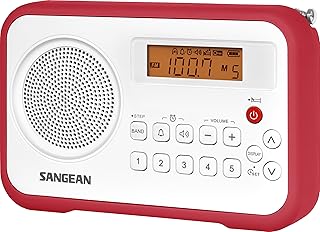 سانجين راديو رقمي محمول AM/FM/Clock مع ممتص صدمات واقي PR-D18RD (ابيض/احمر)