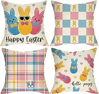 اف جيه اف زد اغطية وسائد مزخرفة بعبارة «Happy Easter Hello Peeps» مقاس 18 × 18 مجموعة من 4 قطع، ارنب ملون منقوش لديكور المنزل الخارجي، غطاء وسادة اريكة منقط ربيعي وقلوب حب