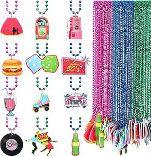 Ecally 48 Pack 50s Party Beaded Necklaces Bulk 12 Styles 1950s Rock and Roll Necklaces Pink Blue and Green Beaded Necklace for 50s 60s Theme Party Favors Festivals Wedding Birthday Celebrations, one