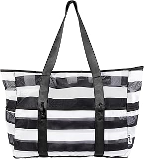 KUAK Mesh Beach Bag, Large Lightweight Beach Tote Bags with Zipper, Inner PVC Waterproof Pocket for Women Swim Pool Family