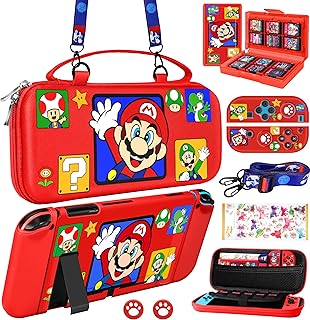 Xinocy for Nintendo Switch 9 in 1 Storage Accessories Kit with Travel Carrying Case+Switch Protective Cover+Game Case Holder+Strap+Sticker+2 Joycon Shells+2 Thumb Caps Cute for Boys Kids Girls -Red