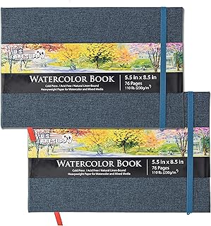يو اس ارت سابلاي دفتر الوان مائية 5.5 انش × 8.5 انش، عبوة من 2 قطعة، 76 ورقة، 110 باوند (230 غرام لكل متر مربع) - وسادات ورقية للفنانين بغلاف مقوى من الكتان - خالية من الاحماض، مضغوطة على البارد،
