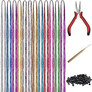 Belle Vous 2400 Pieces Shiny Hair Extensions - 12 Colours - Synthetic Hair Extensions with Tools - Colorful Hair Extensions for Fairy Hair, Party Accessories and Decoration