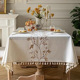 Xiao Hua Tablecloth for Dining Table Rustic Table Cover, Farmhouse Kitchen Table Cloth, Cotton Linen Fabric Small Rectangle Table Cloths for 8 to 10 Seats, Beige, Coffee Leaf, 55x102 Inch